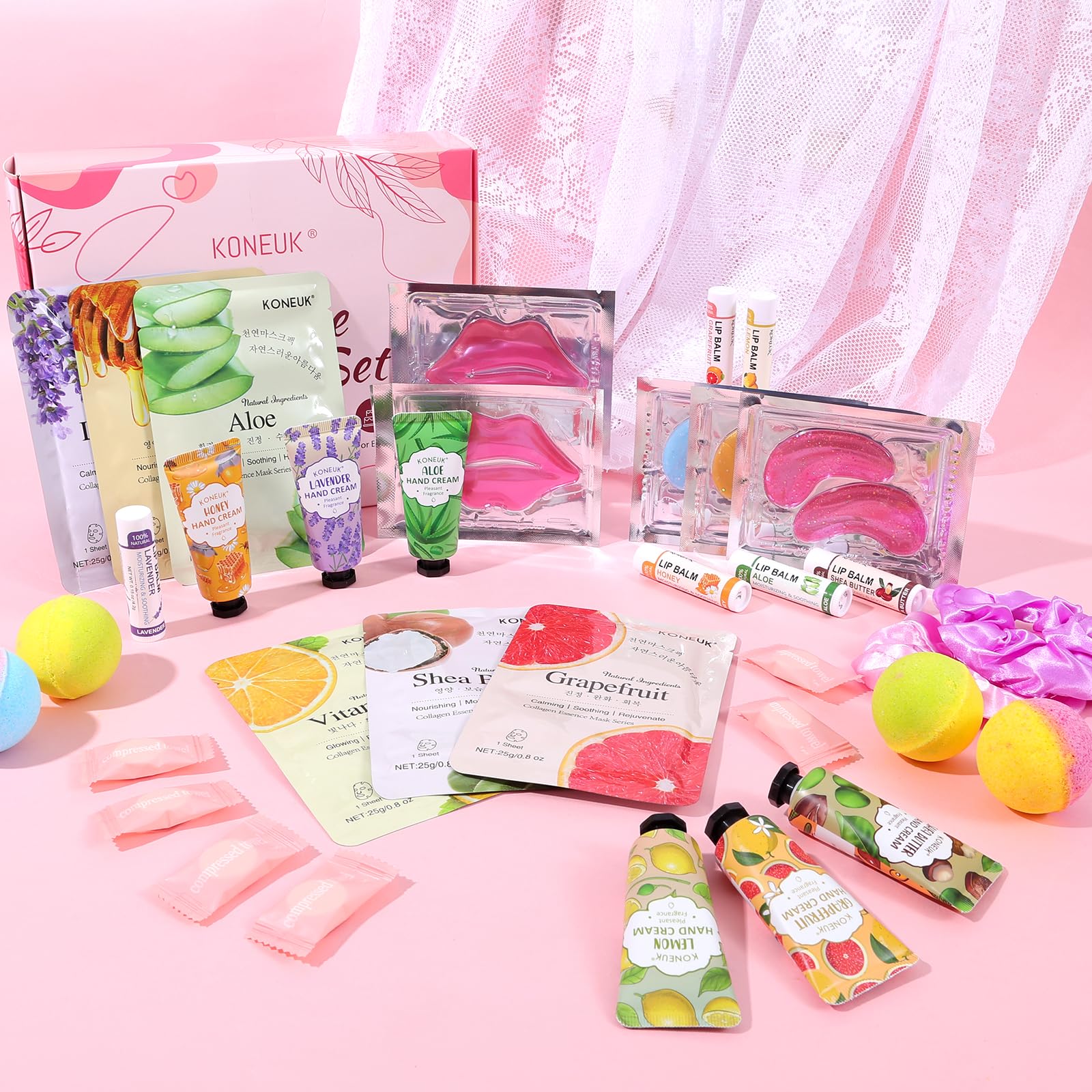 KONEUK 60-Pcs Spa Party Supplies for Girls – Masks, Creams & Lip Care for Sleepovers