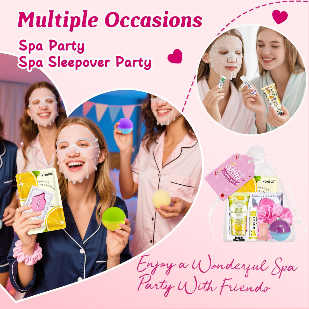KONEUK 60-Pcs Spa Party Supplies for Girls – Masks, Creams & Lip Care for Sleepovers