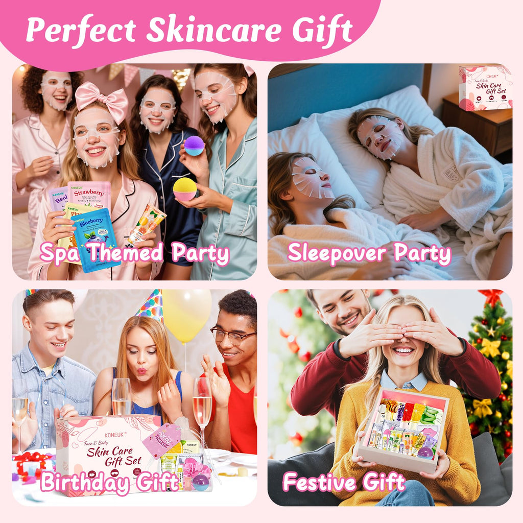 KONEUK 60-Pcs Spa Party Supplies for Girls – Masks, Creams & Lip Care for Sleepovers