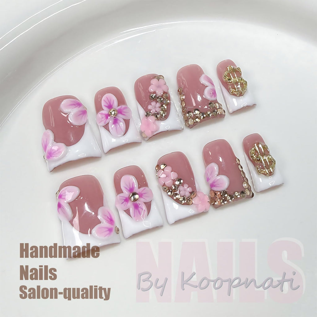 Koopnati Handmade 3D Nail Art Press On Nails – French Tip with 3D Flowers