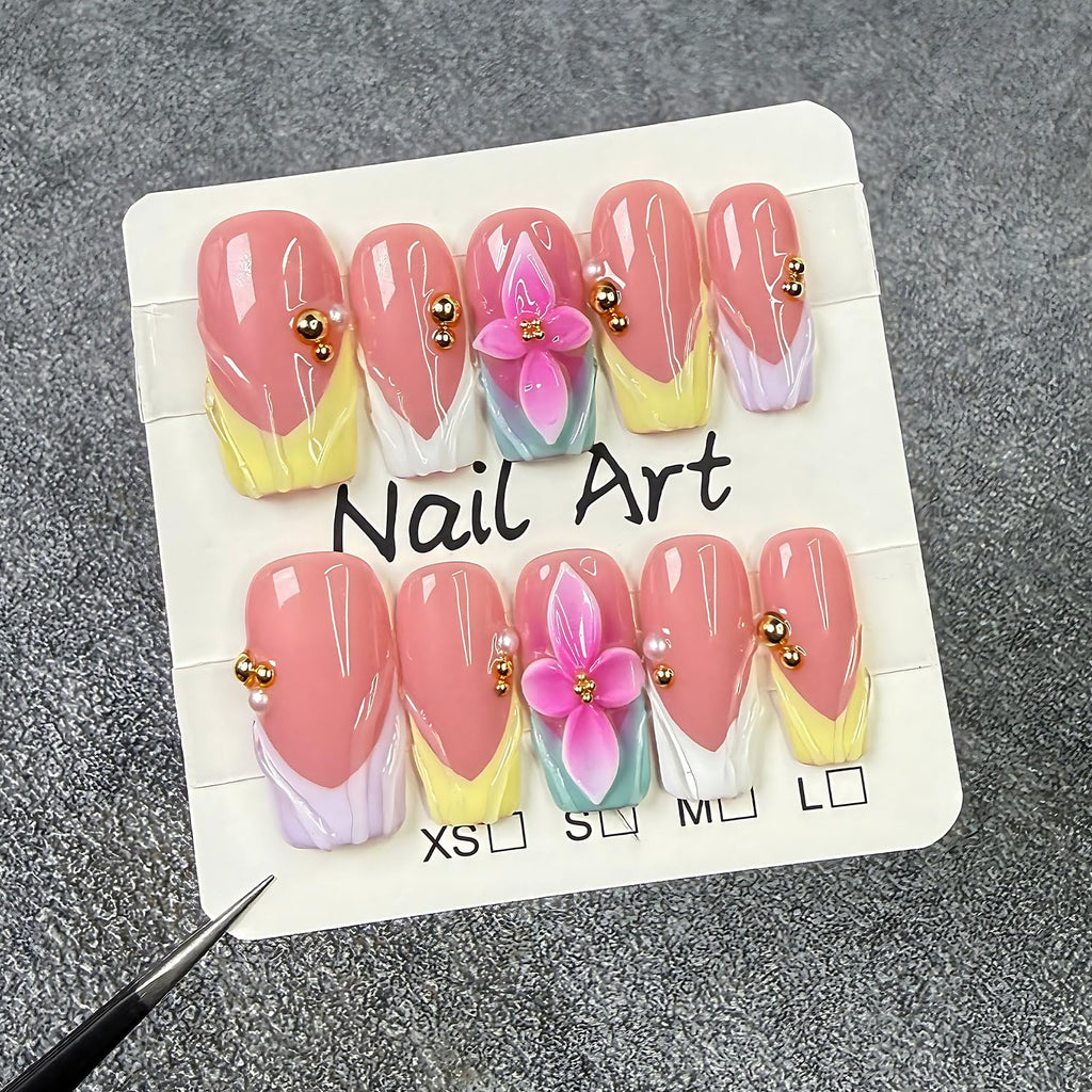 koopnati Handmade Press On Nails – Square Pink 3D Summer Flower Design Kit