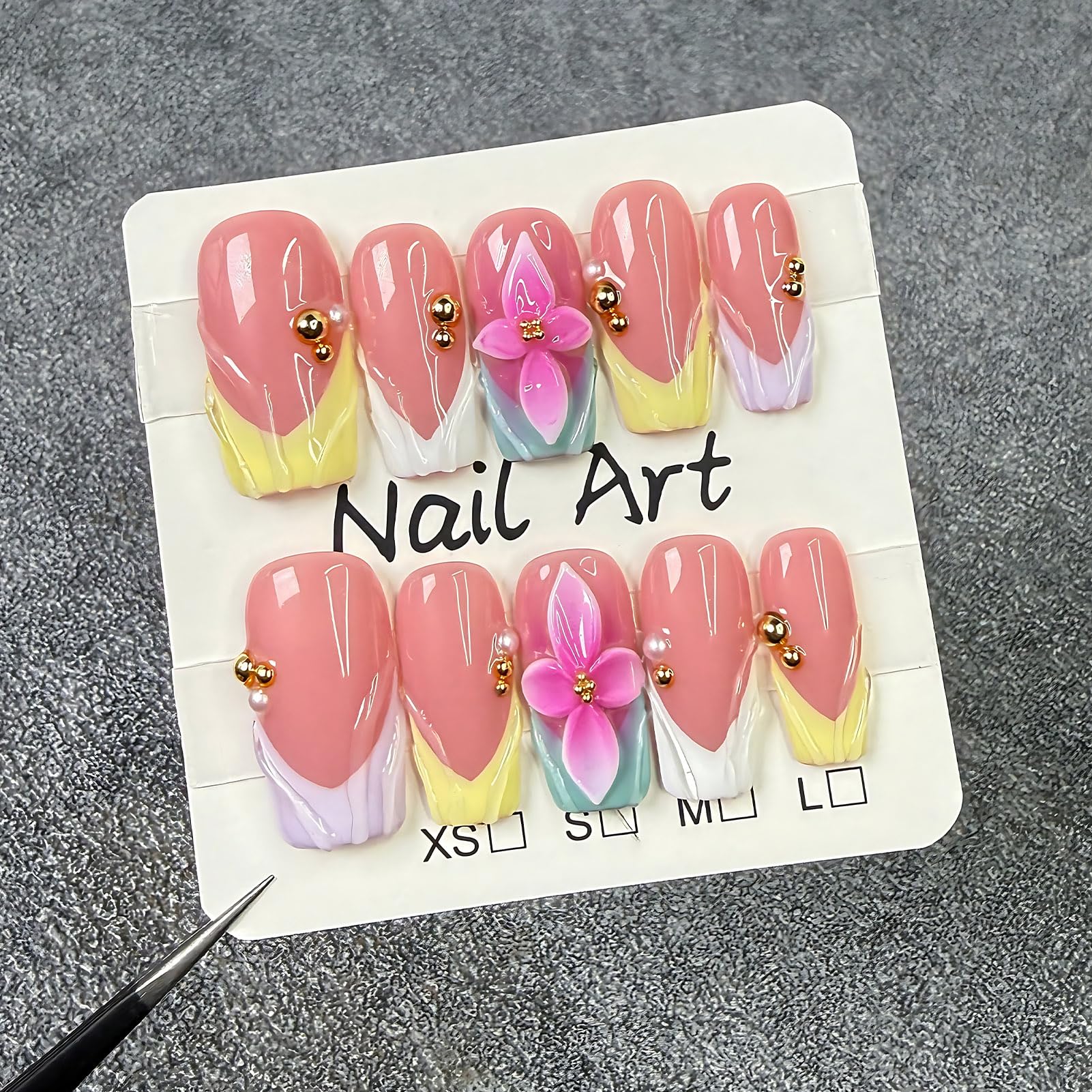 koopnati Handmade Press On Nails – Square Pink 3D Summer Flower Design Kit