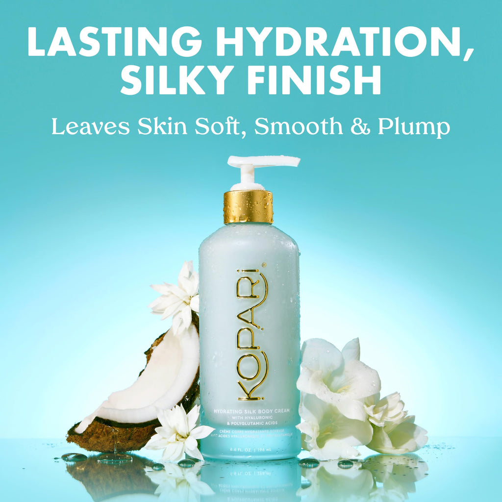 Kopari Hydrating Silk Body Cream – Hyaluronic & Polyglutamic Acids, 6.7 oz | Lightweight, Silky Moisturizer with Coconut Milk Scent