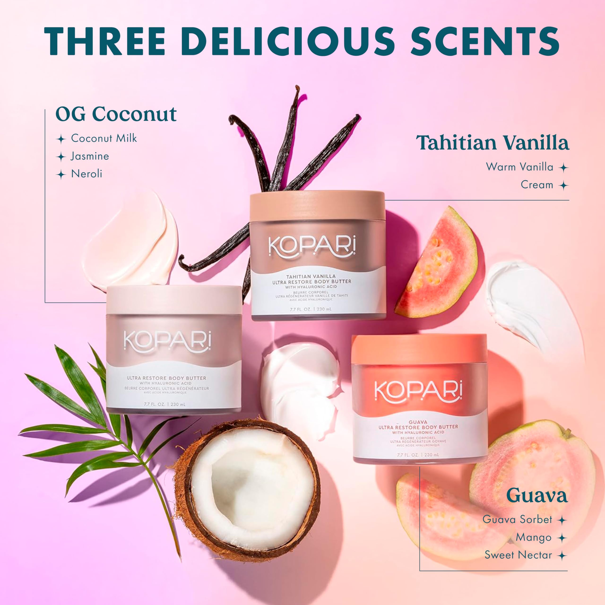 Kopari Ultra Restore Body Butter — Whipped, Lightweight Moisture with Hyaluronic Acid & Mango Seed Butter | Guava Scent 7.7 oz