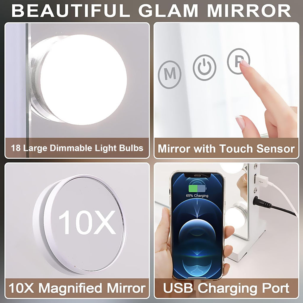 Kottova Vanity Mirror with Lights – 18 LEDs, 3 Color Temps, USB Port, Detachable 10x Magnifier