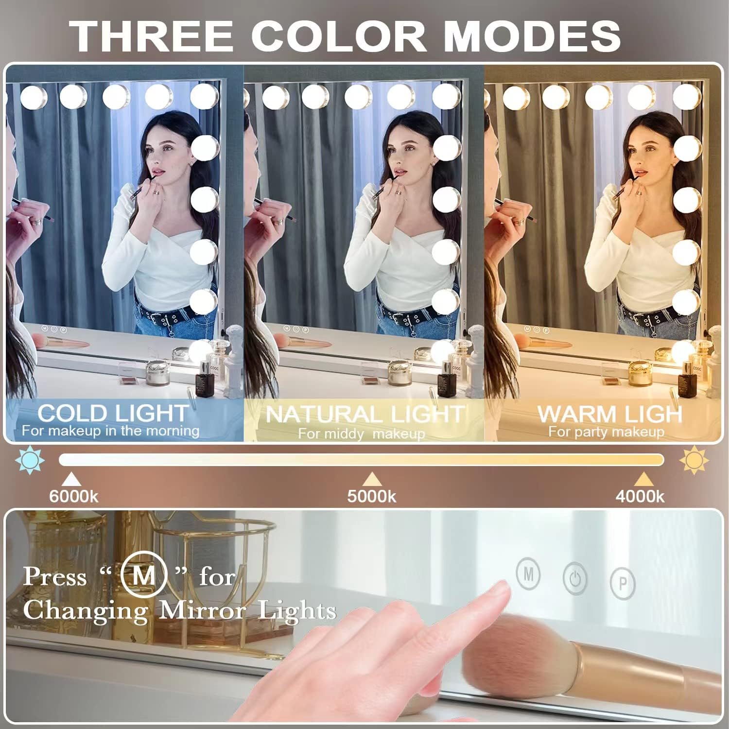 Kottova Vanity Mirror with Lights – 18 LEDs, 3 Color Temps, USB Port, Detachable 10x Magnifier