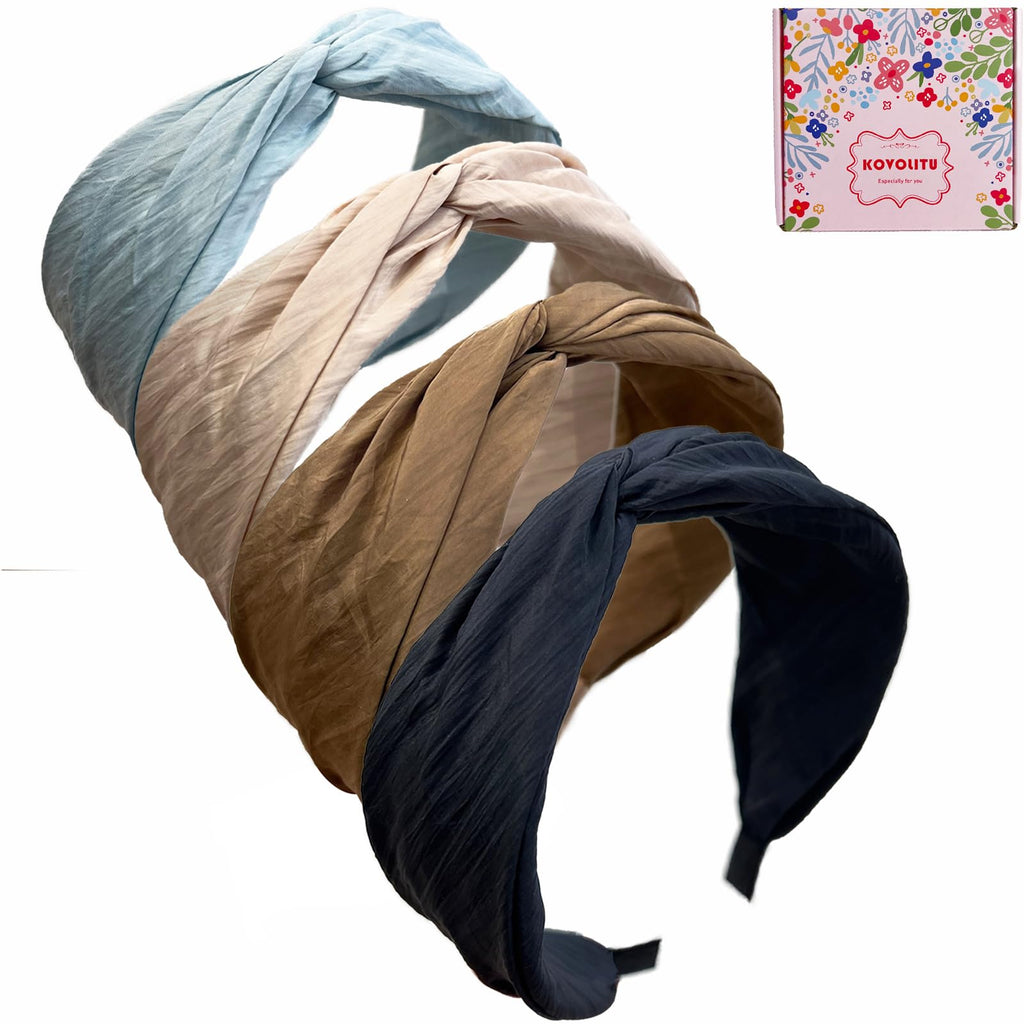 KOVOLITU 4 Pack Fashion Wide Knotted Headbands for Women & Girls | Non-Slip, Cross Knot, Neutral Colors
