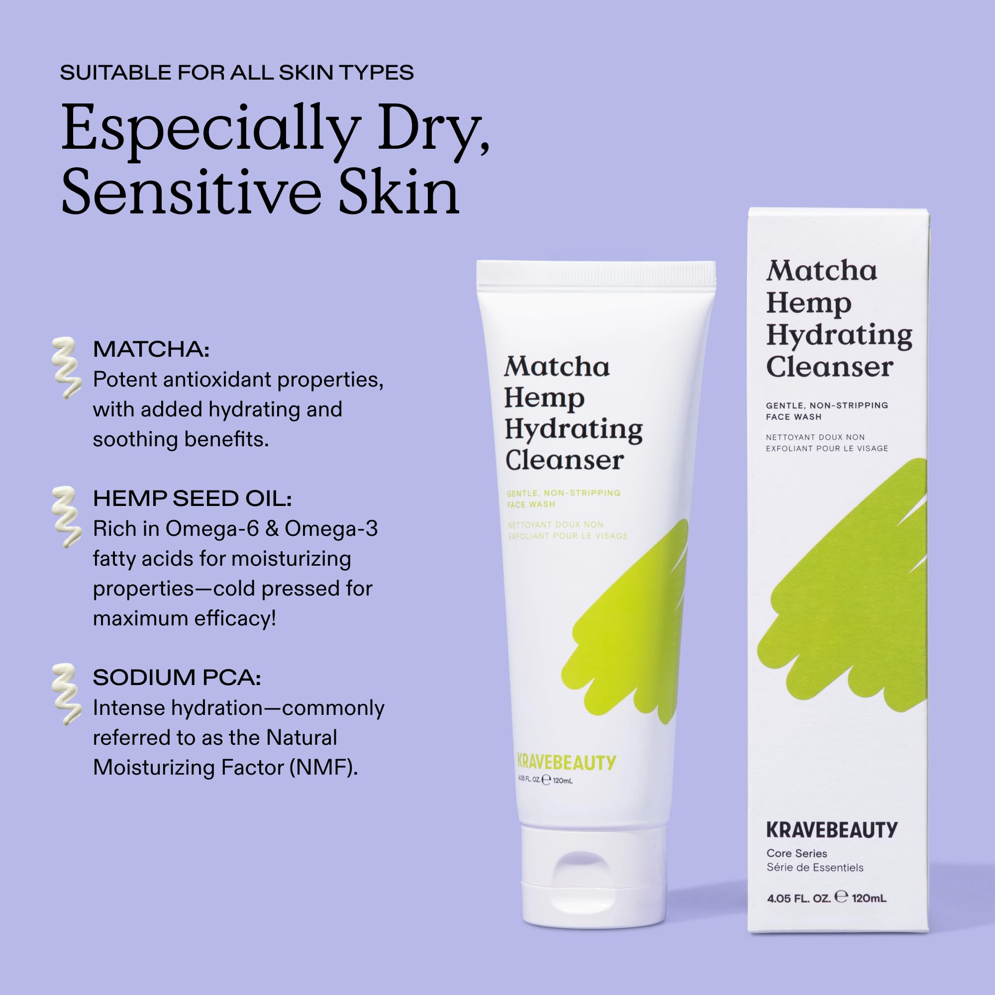 KraveBeauty Matcha Hemp Hydrating Cleanser – Gentle Daily Face Wash, Vegan & Cruelty-Free