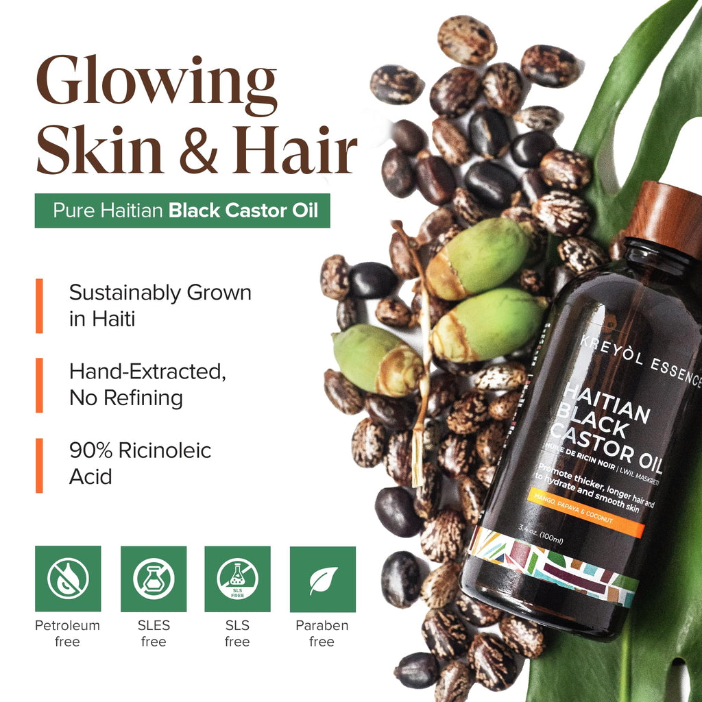 KREYÒL ESSENCE Haitian Black Castor Oil for Skin & Hair – Cold Pressed, Hexane Free, Mango Papaya & Coconut, 3.4 fl oz