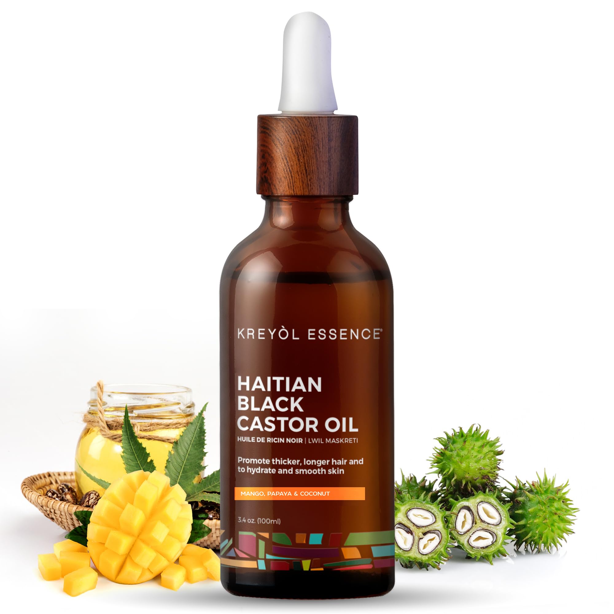 KREYÒL ESSENCE Haitian Black Castor Oil for Skin & Hair – Cold Pressed, Hexane Free, Mango Papaya & Coconut, 3.4 fl oz