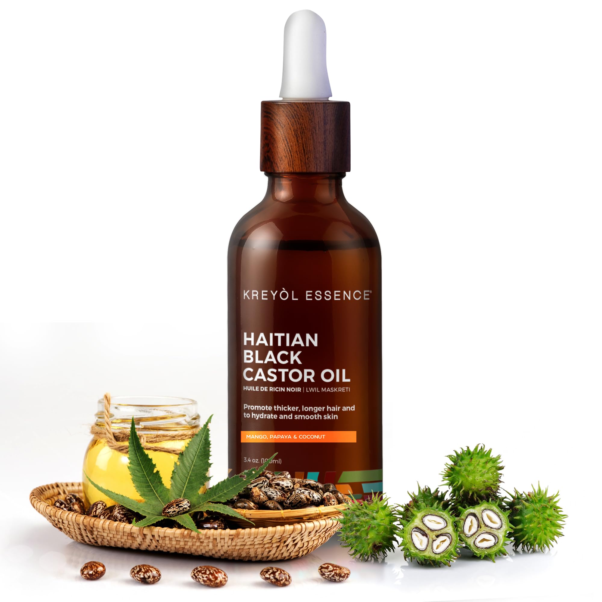 KREYÒL ESSENCE Haitian Black Castor Oil for Skin & Hair – Cold Pressed, Hexane Free, Mango Papaya & Coconut, 3.4 fl oz