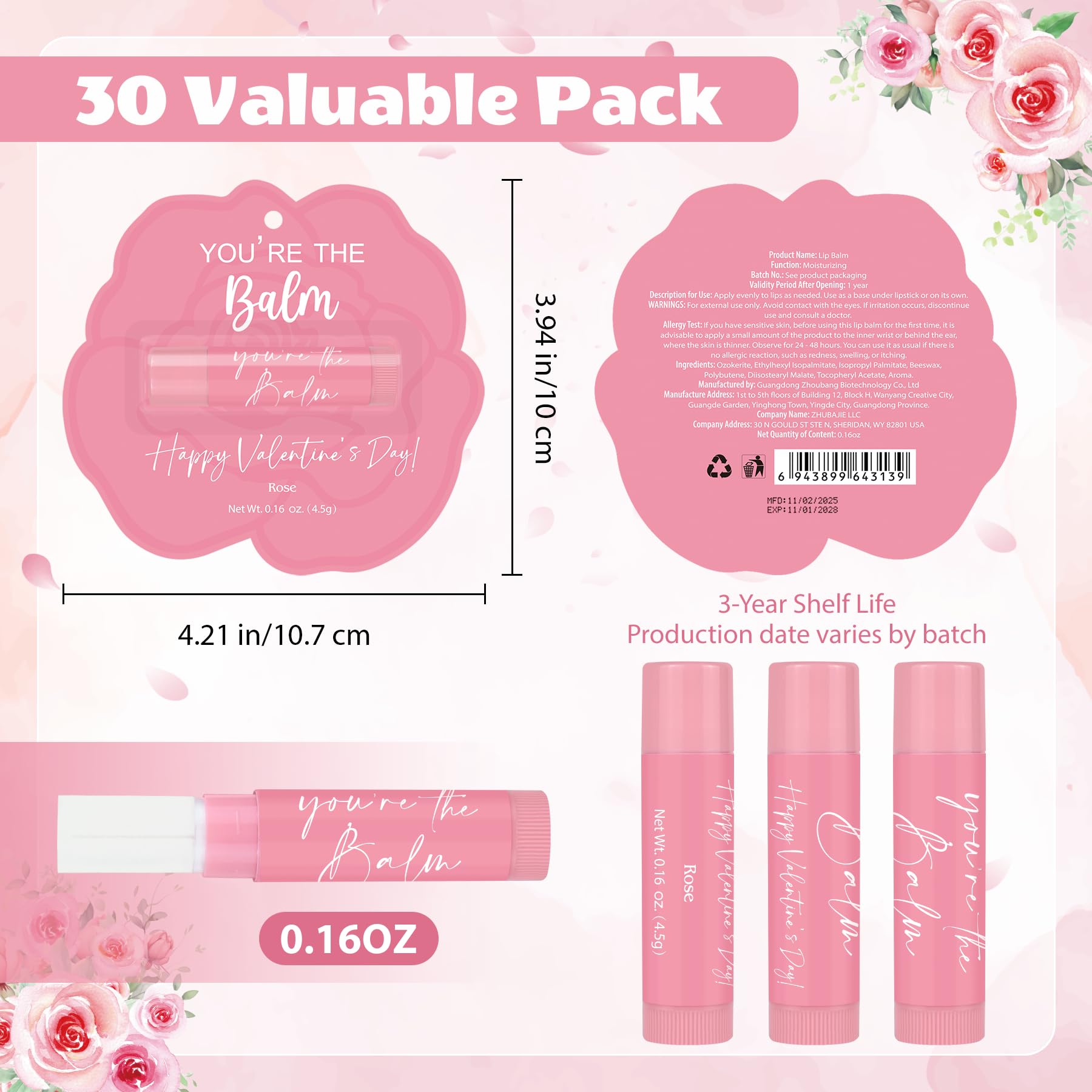 Kuabiz 30 Pcs Valentines Day Lip Balm Bulk – Galentines Day Party Favors, Light Rose