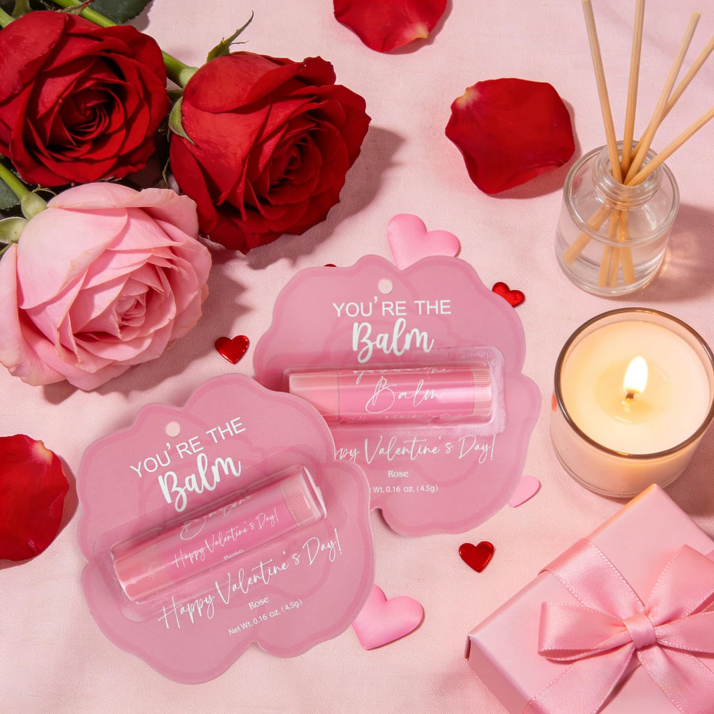 Kuabiz 30 Pcs Valentines Day Lip Balm Bulk – Galentines Day Party Favors, Light Rose
