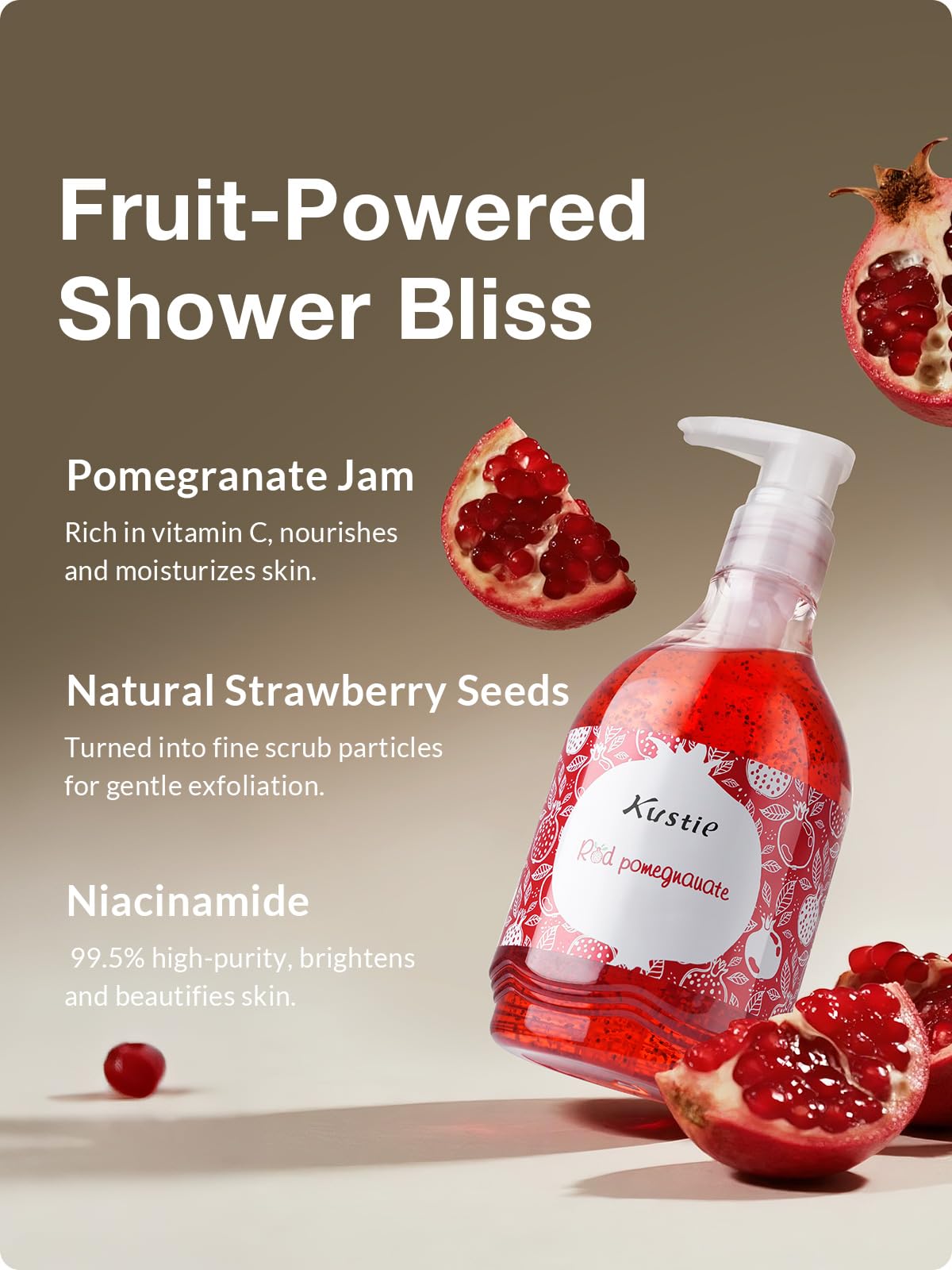 Kustie Pomegranate Jam Body Wash with Real Strawberry Seeds & Niacinamide – Brightening, Gentle Exfoliating Shower Gel – 19.6 fl oz