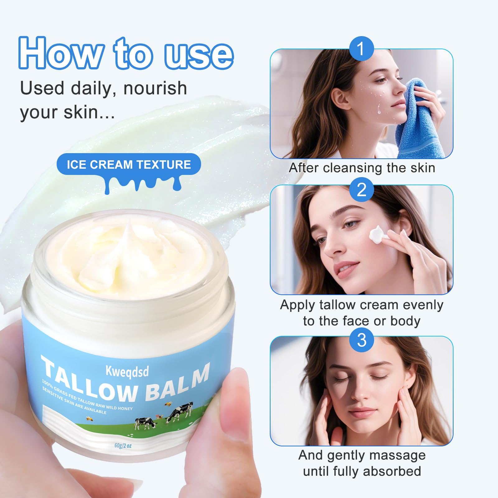 Kweqdsd 5 Pack Organic Grass-Fed Beef Tallow Balm with Raw Honey | Natural Skin Moisturizer