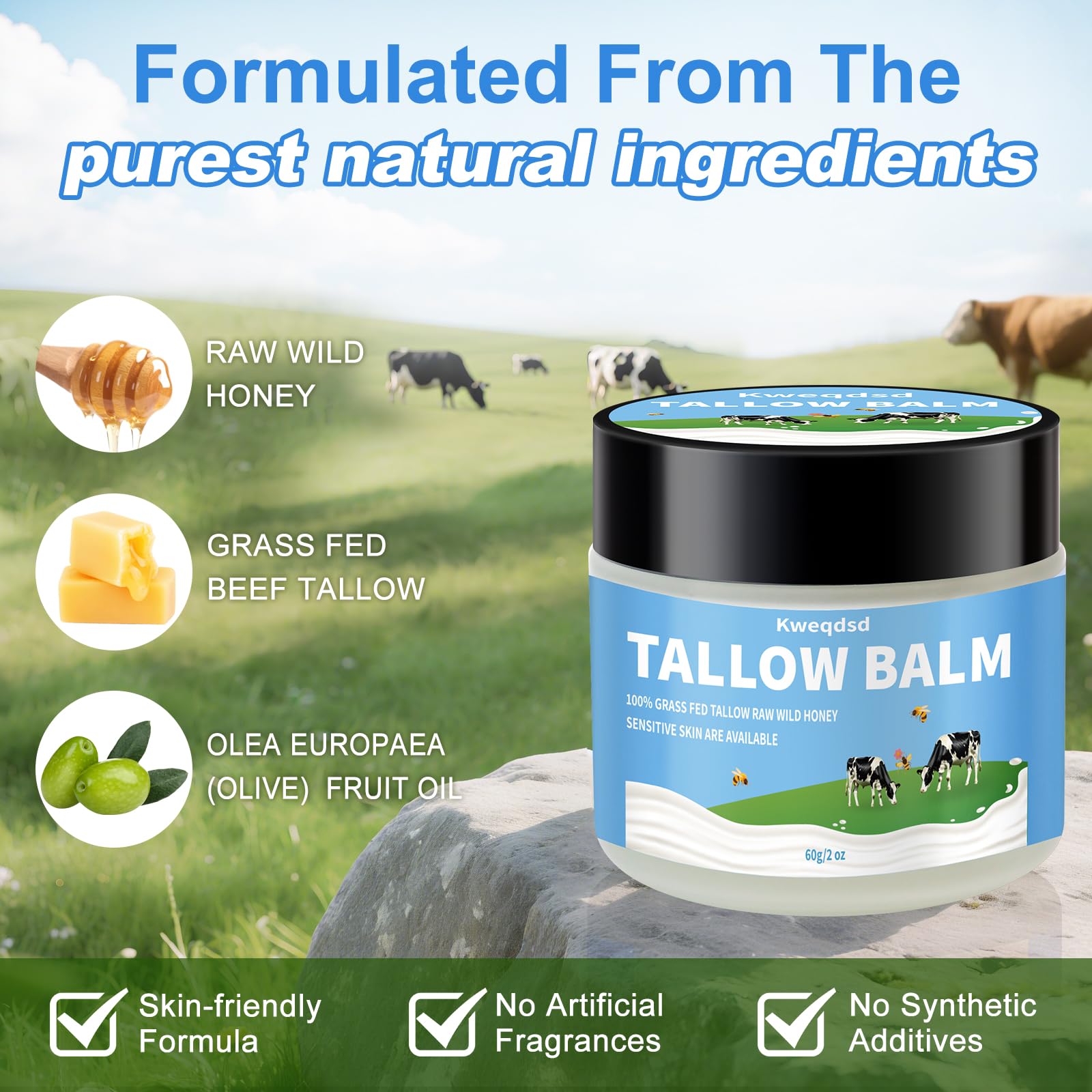 Kweqdsd 5 Pack Organic Grass-Fed Beef Tallow Balm with Raw Honey | Natural Skin Moisturizer