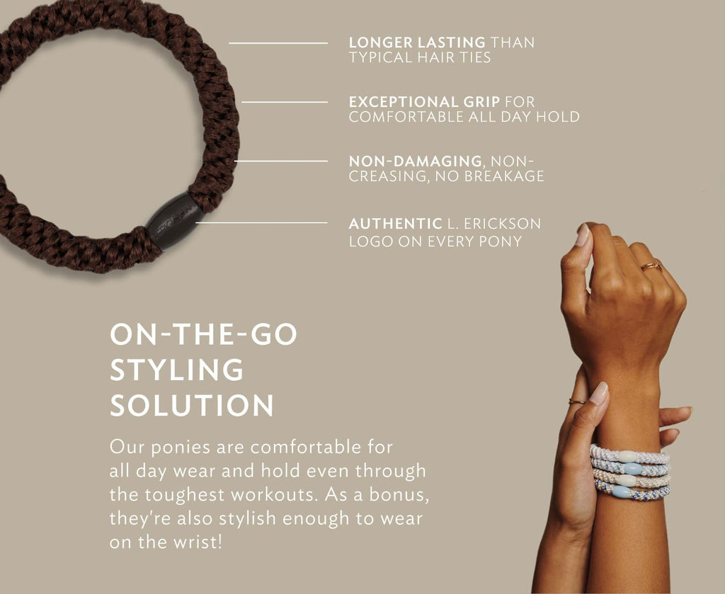 L. Erickson Brown Hair Ties for Thick Hair – 8 Pack, Metallic Bronze, No-Crease, Strong Hold