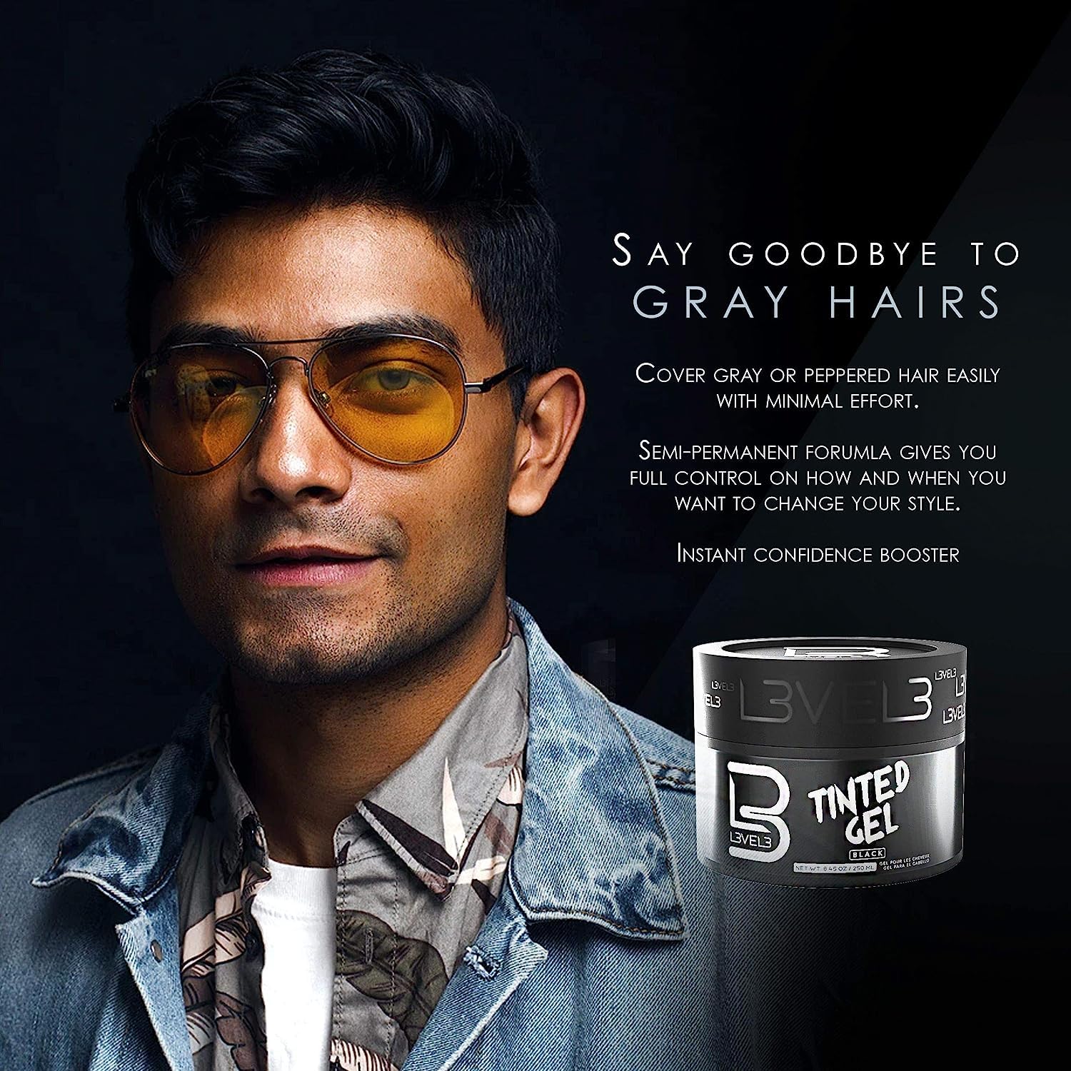 L3 Tinted Gel Black - Temporary Black Hair Gel for Men | No Flaking, Easy Rinse, Strong Hold (3 Pack)