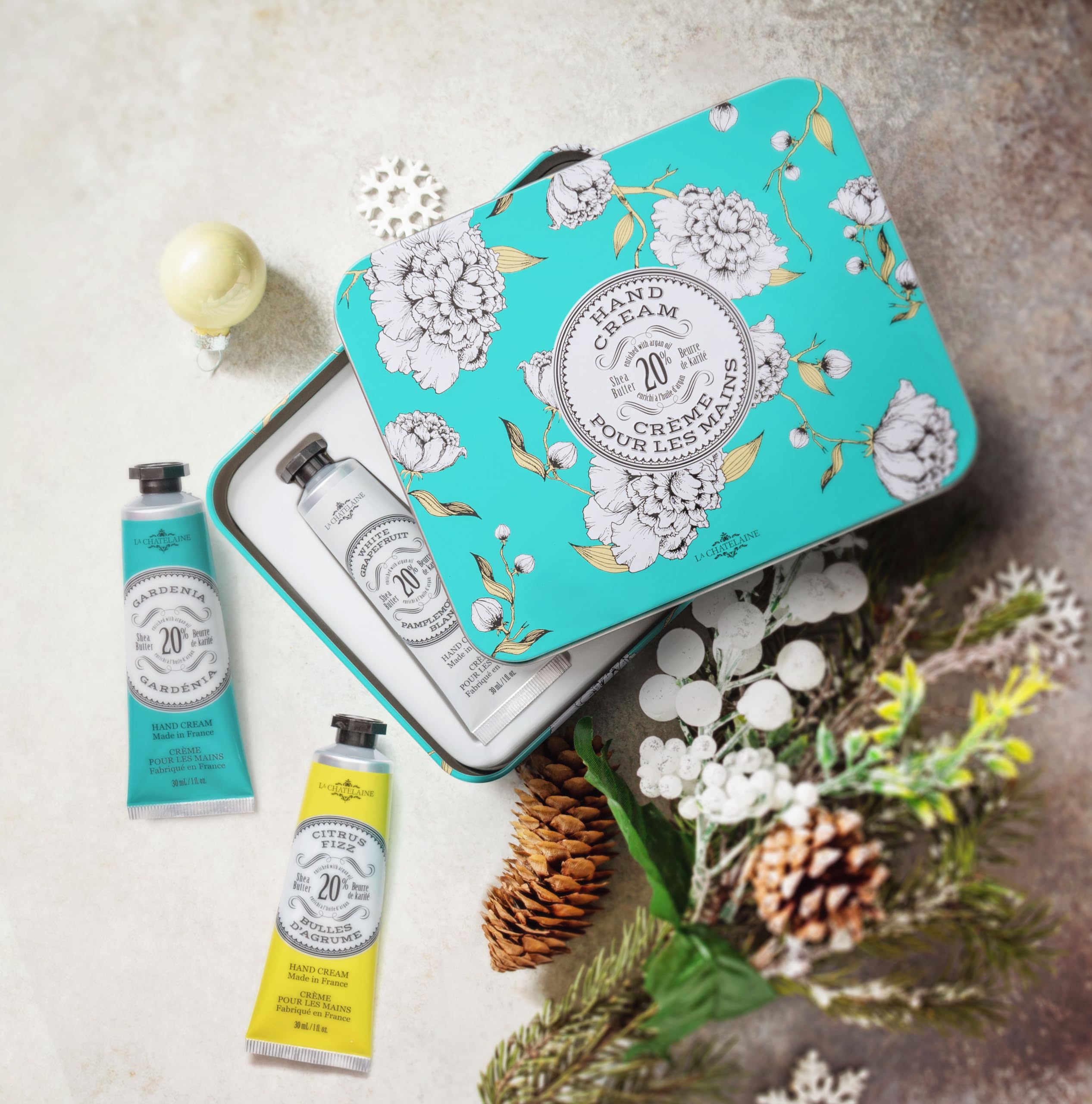 La Chatelaine Hand Cream Trio Tin Gift Set – 3 x 1 oz, Made in France, 20% Organic Shea Butter