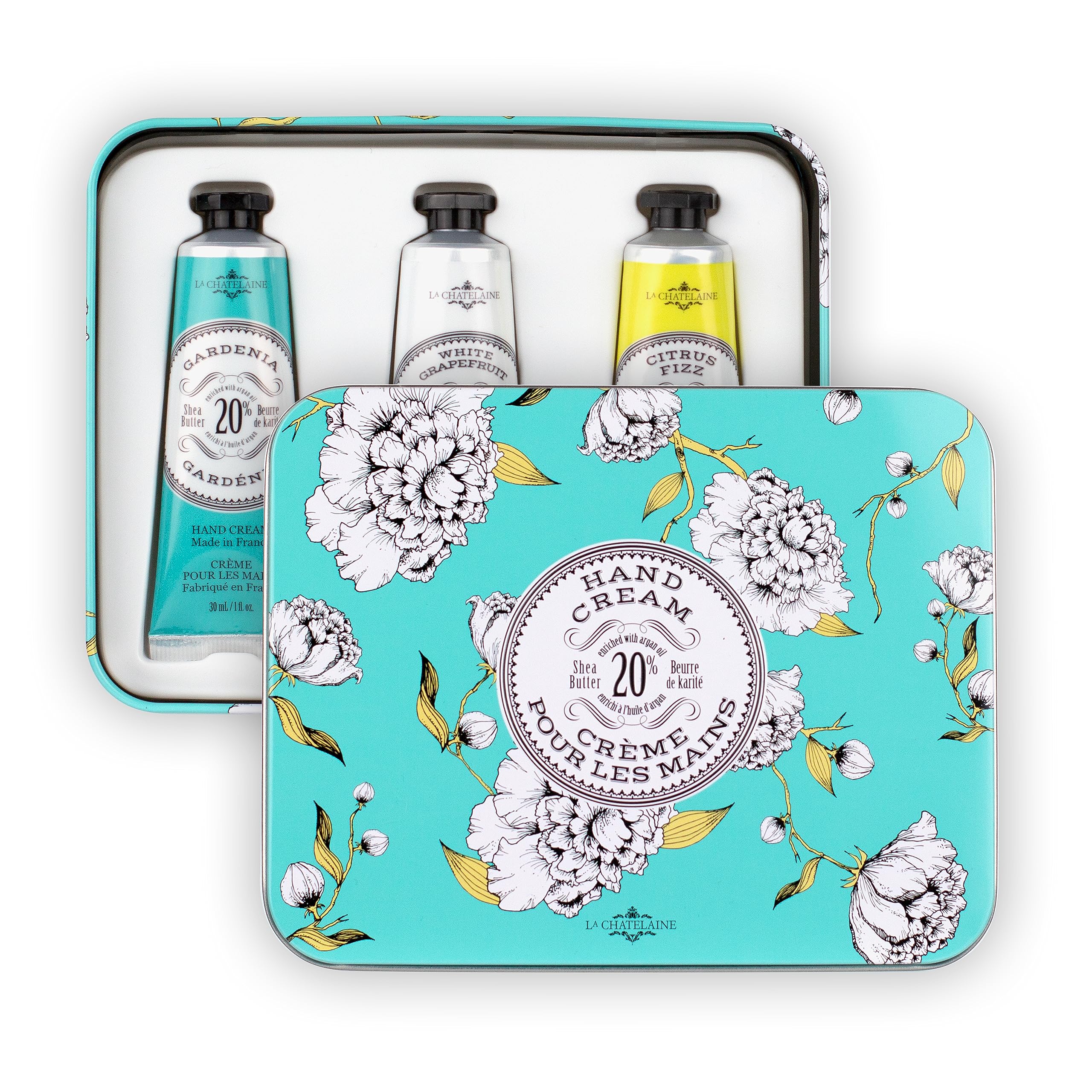 La Chatelaine Hand Cream Trio Tin Gift Set – 3 x 1 oz, Made in France, 20% Organic Shea Butter