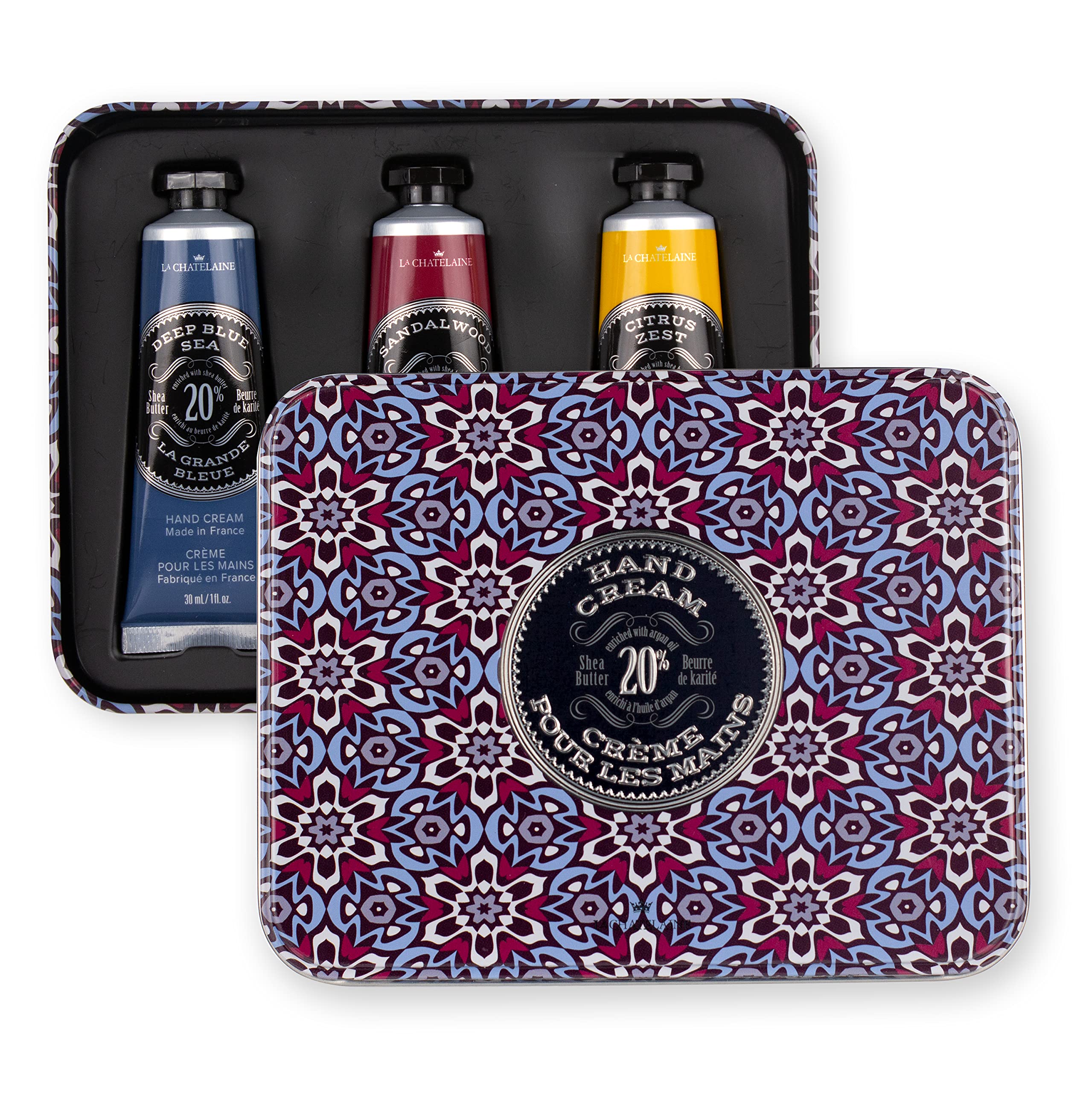La Chatelaine Hand Cream Gift Set for Men – 3x1 oz Travel Size, 20% Organic Shea Butter, Deep Blue Sea, Sandalwood, Citrus Zest