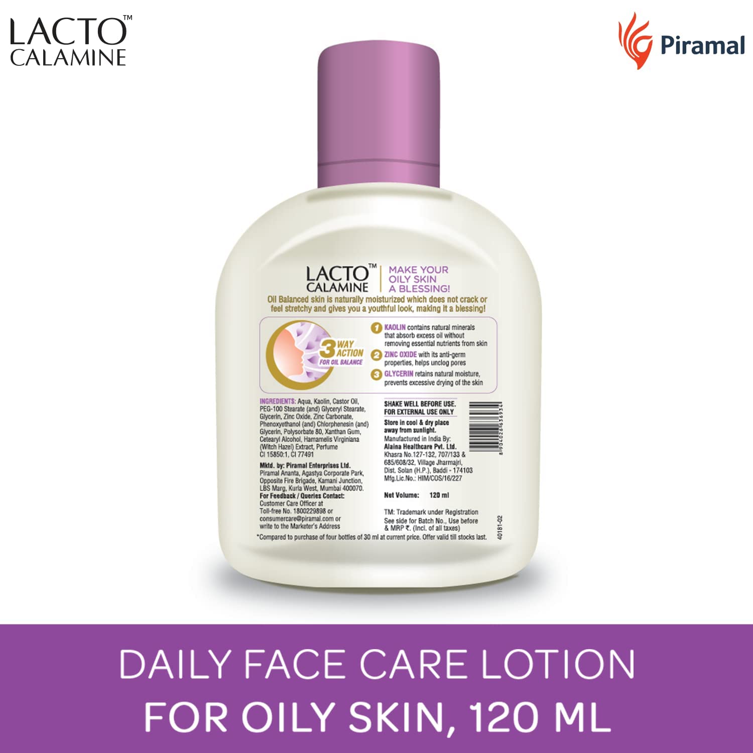 Lacto Calamine Face Moisturizing Lotion for Oily Skin – Oil Balance & Matte Finish (120ml x 2)