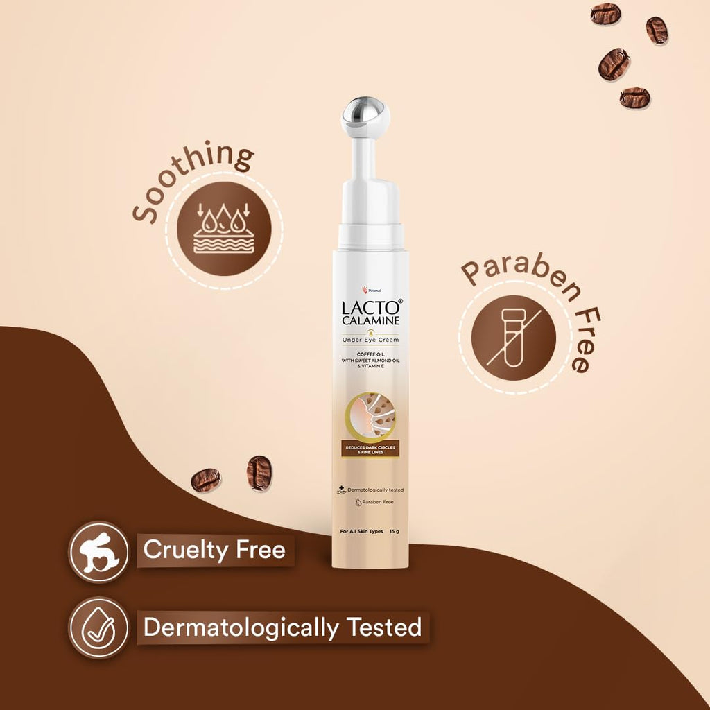 Lacto Calamine Under Eye Cream for Dark Circles – Cooling Roller (15g) with Coffee Oil, Niacinamide & Vitamin E