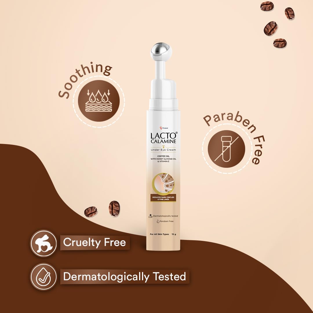 Lacto Calamine Under Eye Cream for Dark Circles – Cooling Roller (15g) with Coffee Oil, Niacinamide & Vitamin E