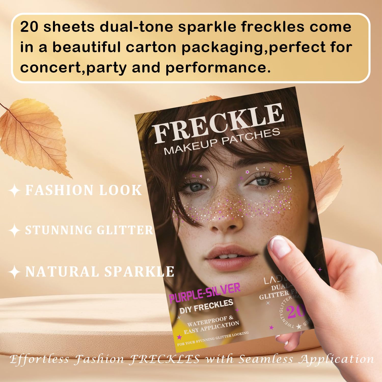 LADDYFOX 20 Pcs Purple & Silver Glitter Freckles – Waterproof, 48h Temporary Face Tattoos
