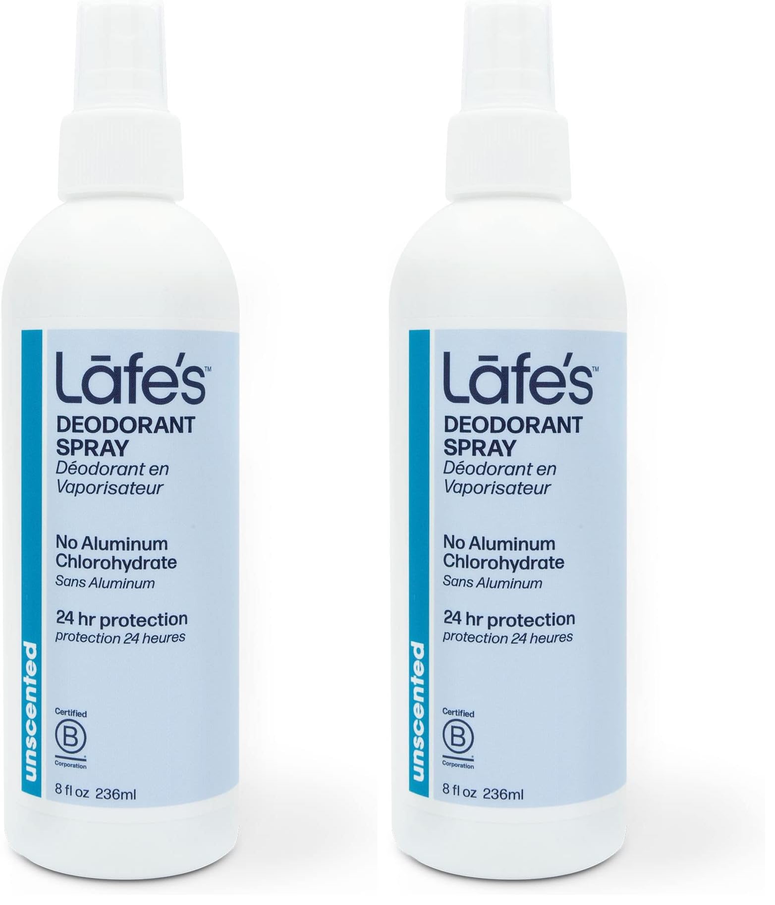Lafe's Natural Deodorant 8oz Unscented Spray | 24-Hour Protection (Pack of 2)