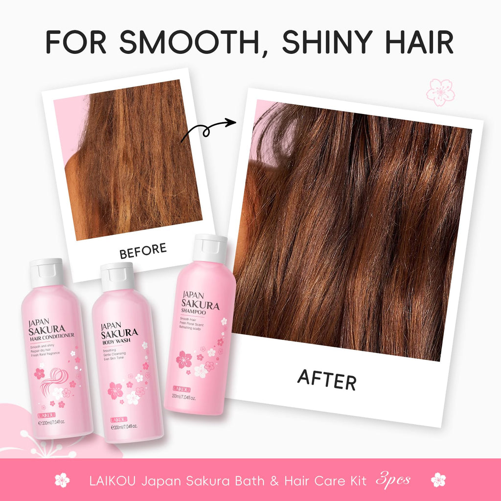LAIKOU Sakura 3‑in‑1 Shampoo, Conditioner & Body Wash Set for Women – 3x200ml + 3x50ml Travel Size