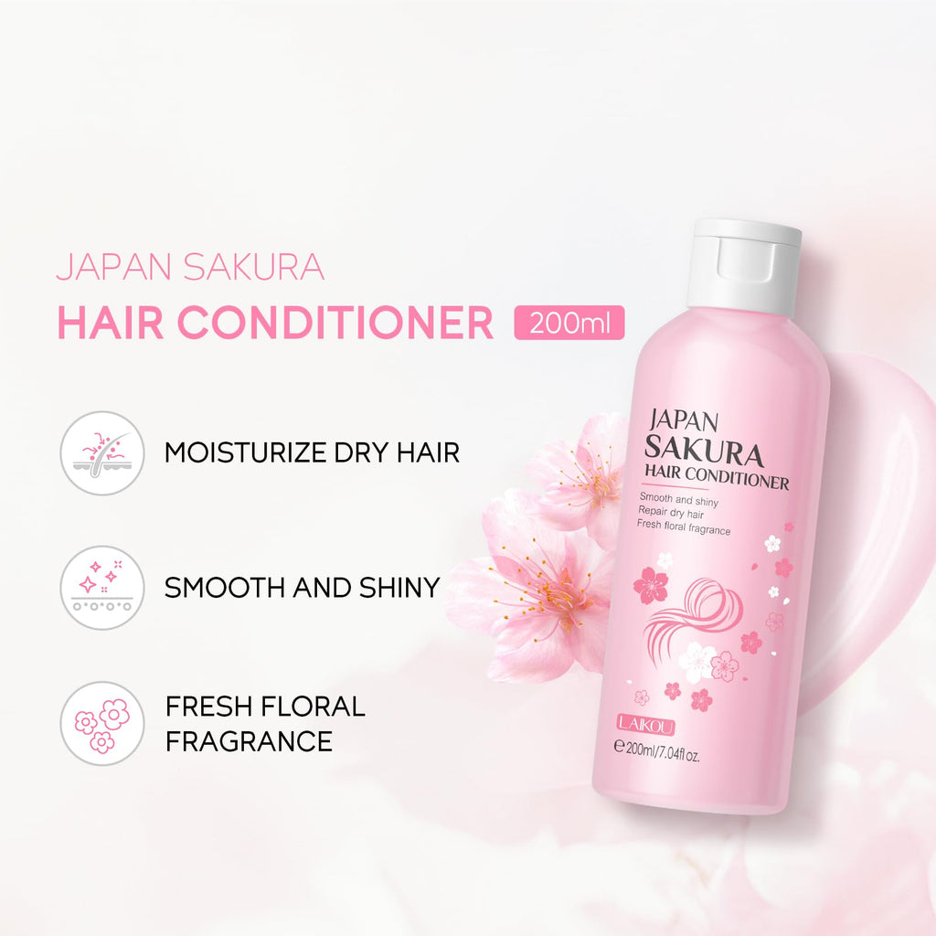 LAIKOU Sakura 3‑in‑1 Shampoo, Conditioner & Body Wash Set for Women – 3x200ml + 3x50ml Travel Size