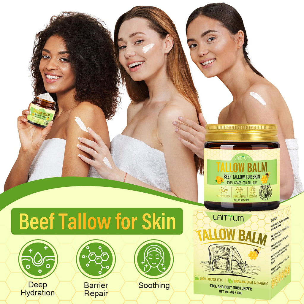 LAITYUM Beef Tallow for Skin – 4oz Organic Tallow & Honey Balm for Face & Body