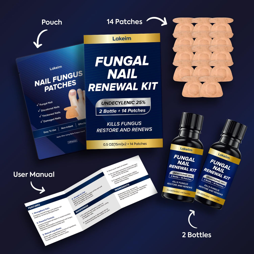 Lakeim Toenail Fungus Treatment Extra Strength - 2 Bottles + 14 Patches (25% Undecylenic Acid + Tea Tree)