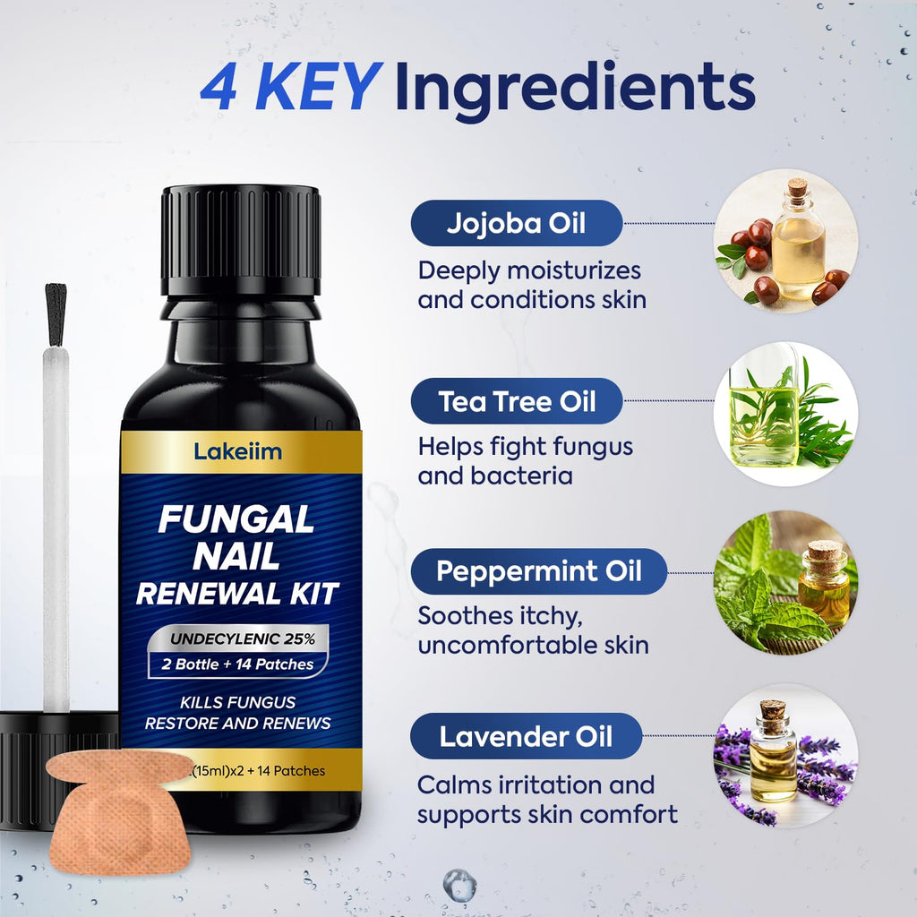 Lakeim Toenail Fungus Treatment Extra Strength - 2 Bottles + 14 Patches (25% Undecylenic Acid + Tea Tree)