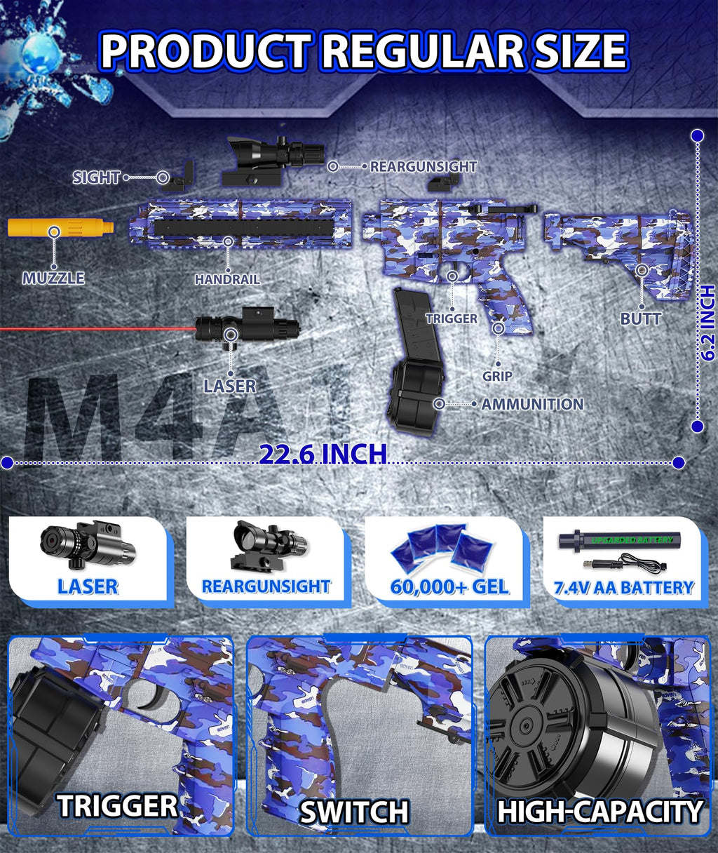 LAN ZHANG GUI Electric Gel Ball Blaster – High Speed 400–600rpm, 80–100ft Range, Goggles Included