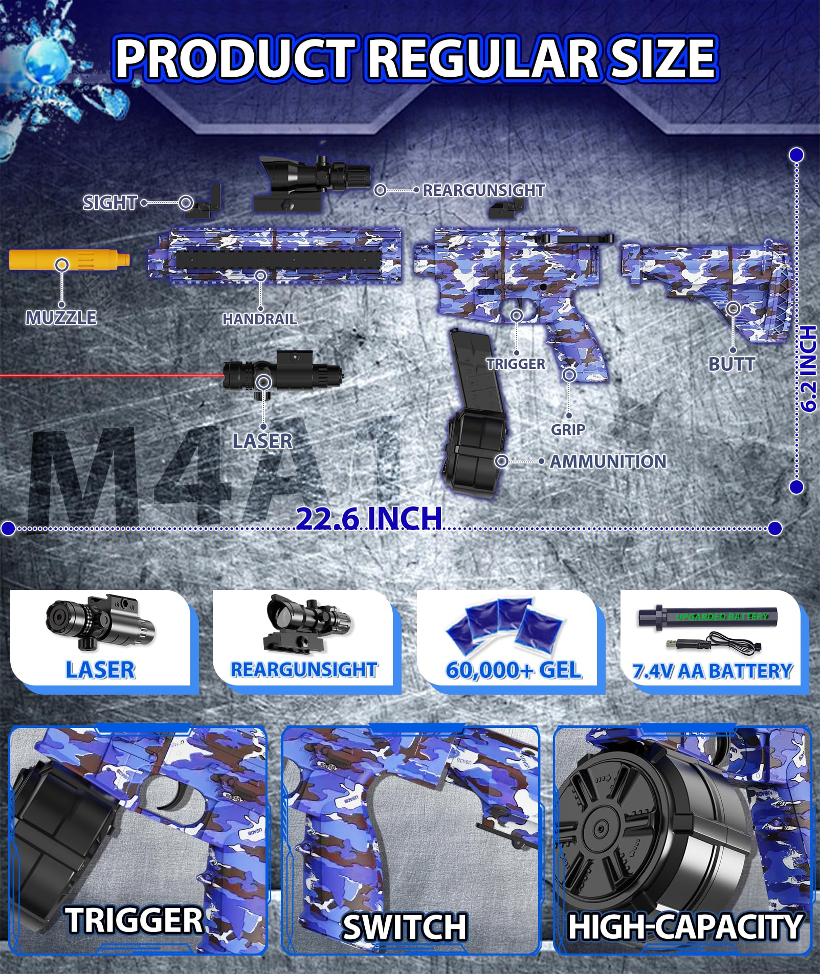 LAN ZHANG GUI Electric Gel Ball Blaster – High Speed 400–600rpm, 80–100ft Range, Goggles Included