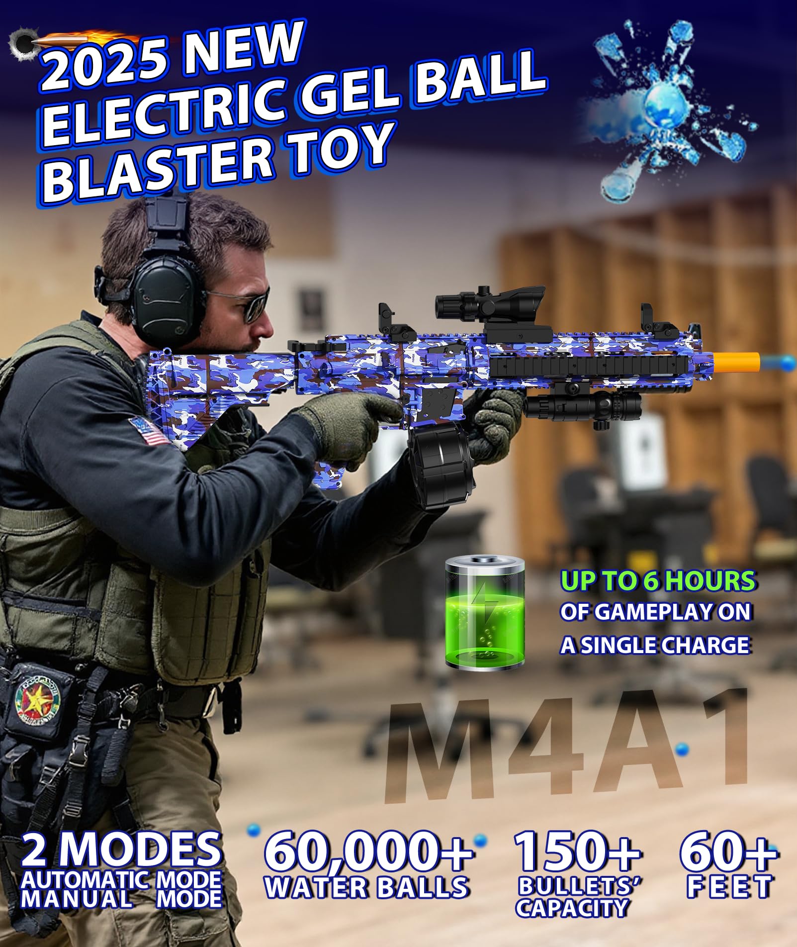 LAN ZHANG GUI Electric Gel Ball Blaster – High Speed 400–600rpm, 80–100ft Range, Goggles Included