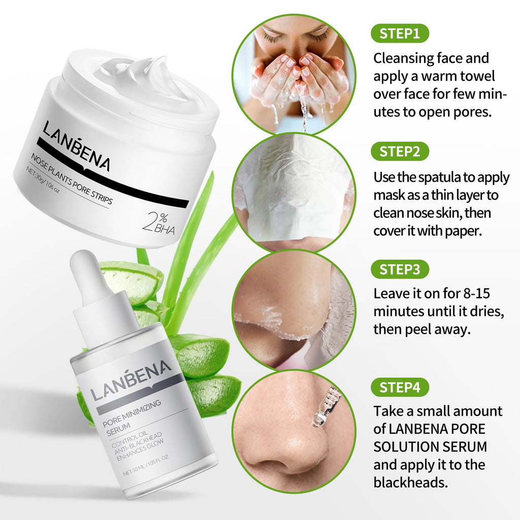 LANBENA 3-in-1 Blackhead Removing Set | Pore Strips, Serum & Papers