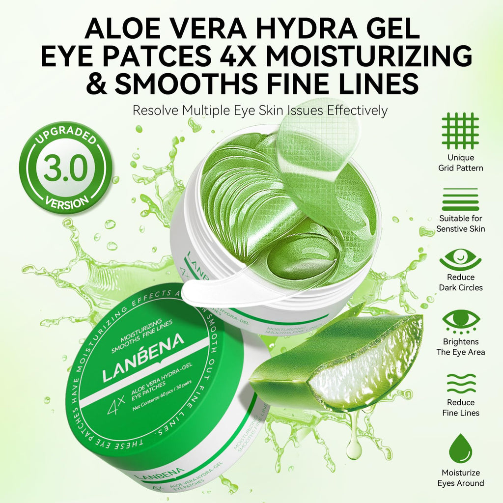 LANBENA Aloe Vera Under Eye Patches – Hydration, Brightening & Puffiness Reduction (30 Pairs)