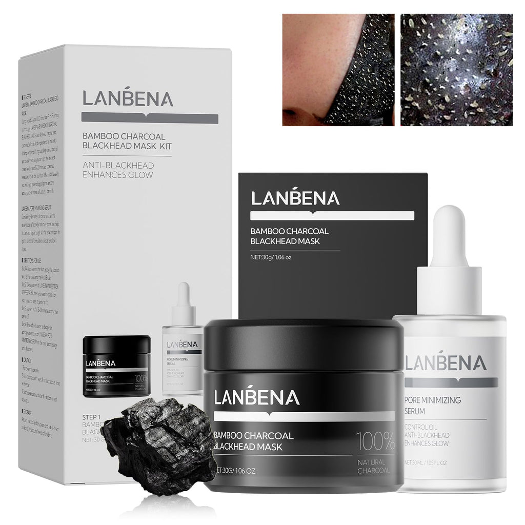 LANBENA 3-in-1 Blackhead Removal Set — Bamboo Charcoal Pore Strips, Pore Minimizing Serum & Removal Papers