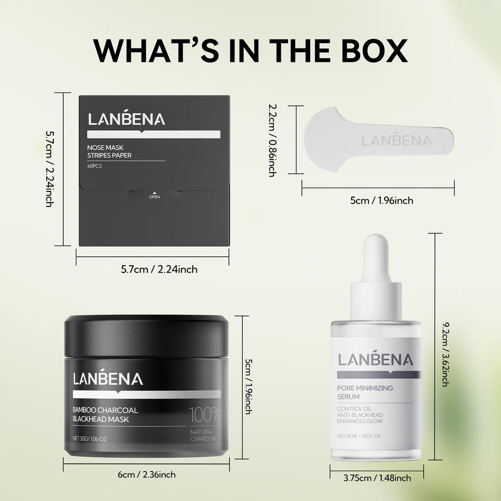 LANBENA 3-in-1 Blackhead Removal Set — Bamboo Charcoal Pore Strips, Pore Minimizing Serum & Removal Papers