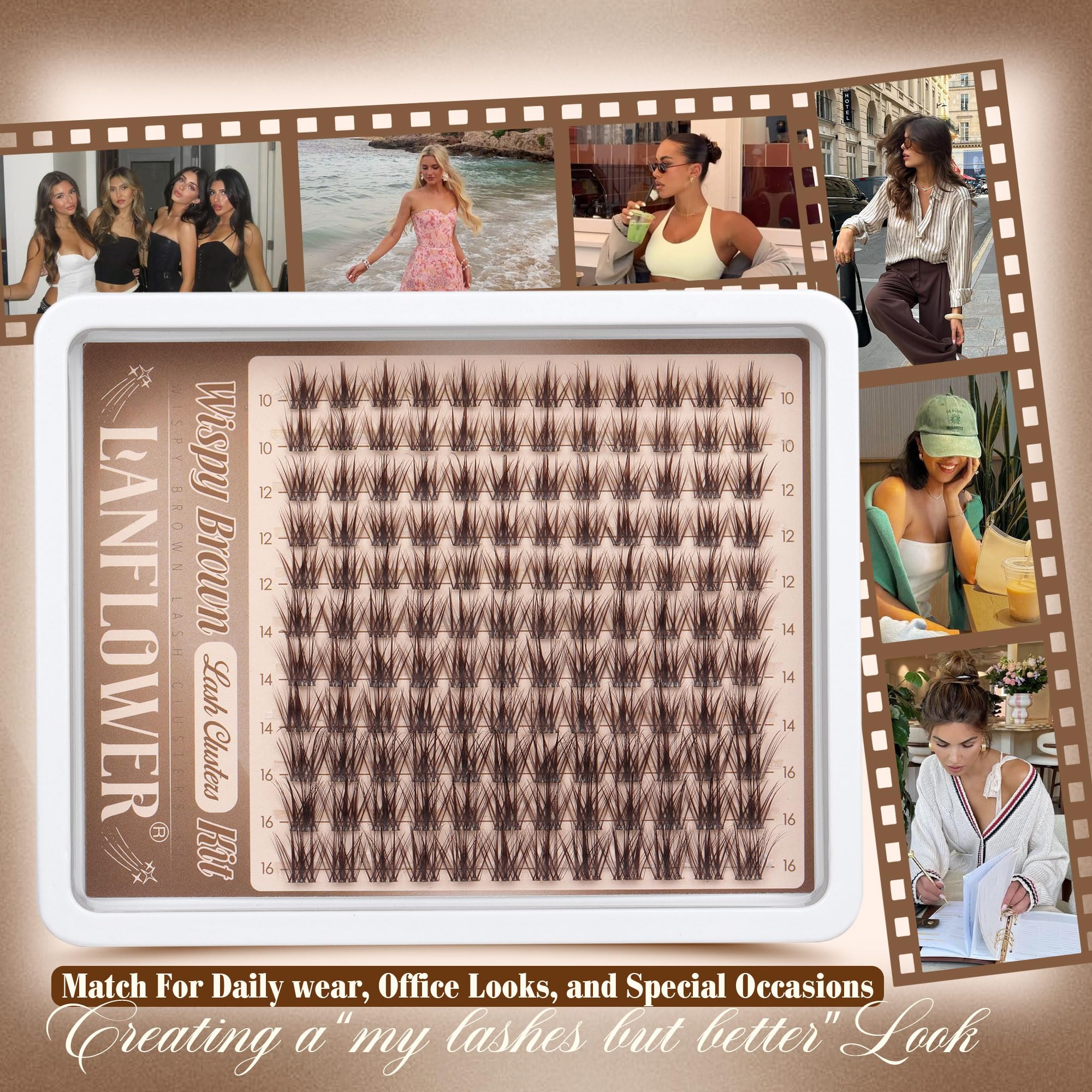 Lanflower Brown Lash Clusters Kit – Wispy CD-Curl Extensions with Bond, Seal & Remover