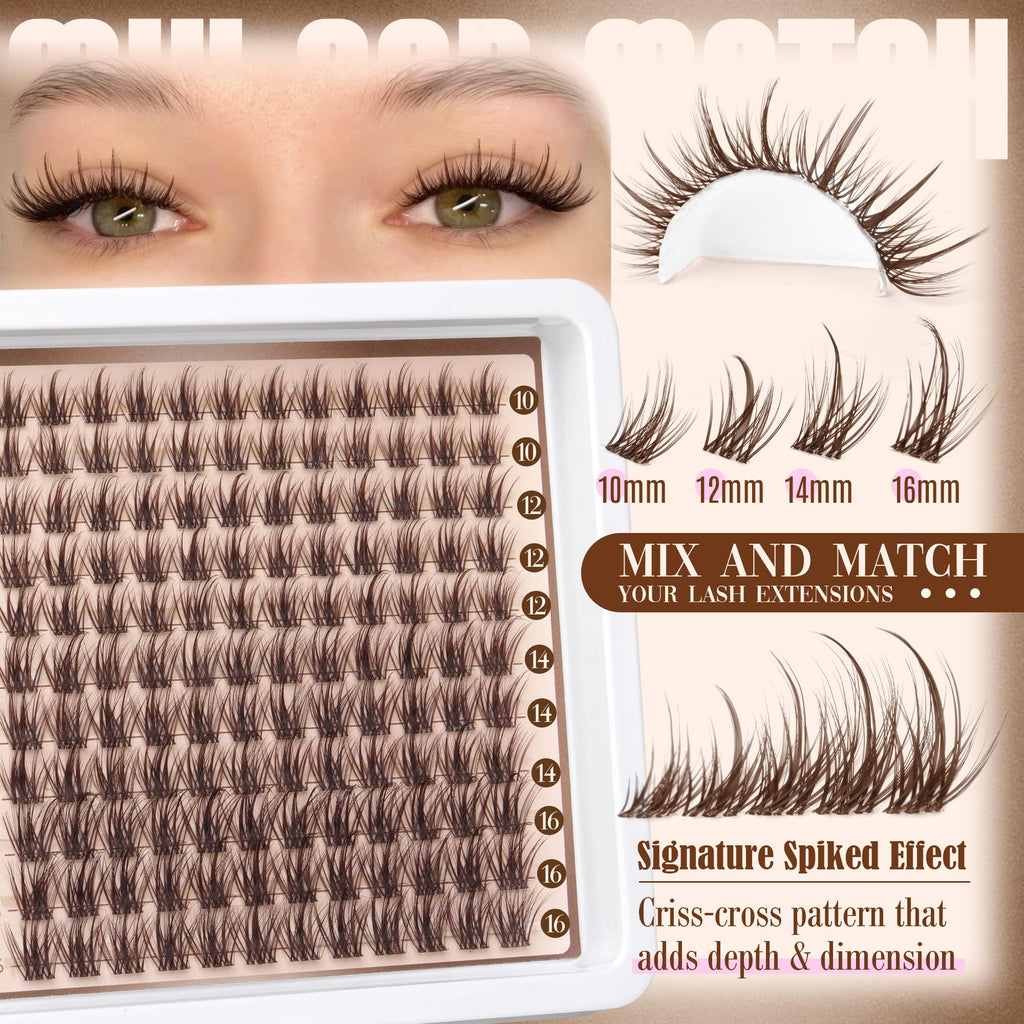 Lanflower Brown Lash Clusters Kit – Wispy CD-Curl Extensions with Bond, Seal & Remover