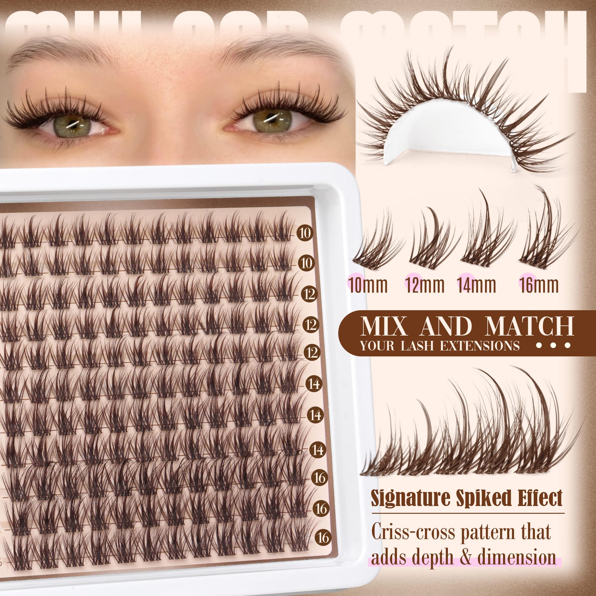 Lanflower Brown Lash Clusters Kit – Wispy CD-Curl Extensions with Bond, Seal & Remover