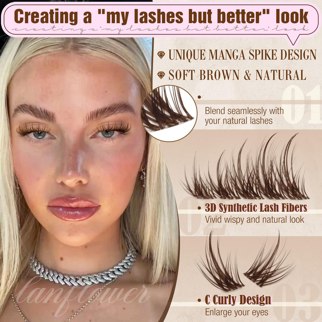 Lanflower Brown Lash Clusters Kit – Wispy CD-Curl Extensions with Bond, Seal & Remover