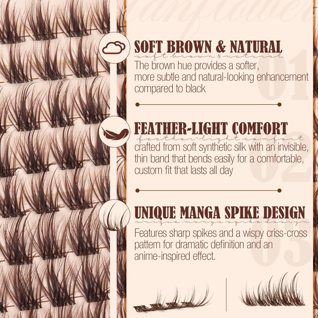 Lanflower Brown Lash Clusters Kit – Wispy CD-Curl Extensions with Bond, Seal & Remover