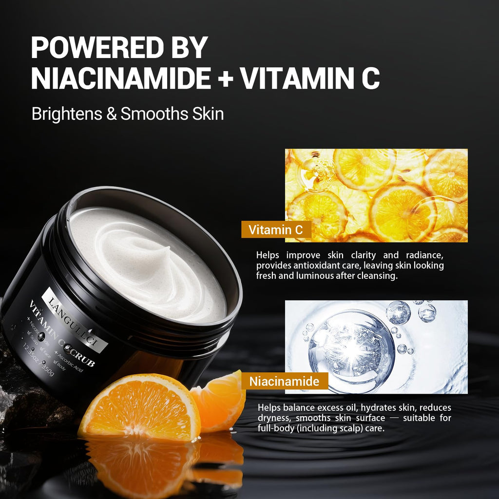 LANGULLCI 3-in-1 Face, Body & Scalp Scrub with Niacinamide & Vitamin C – 12.3 oz