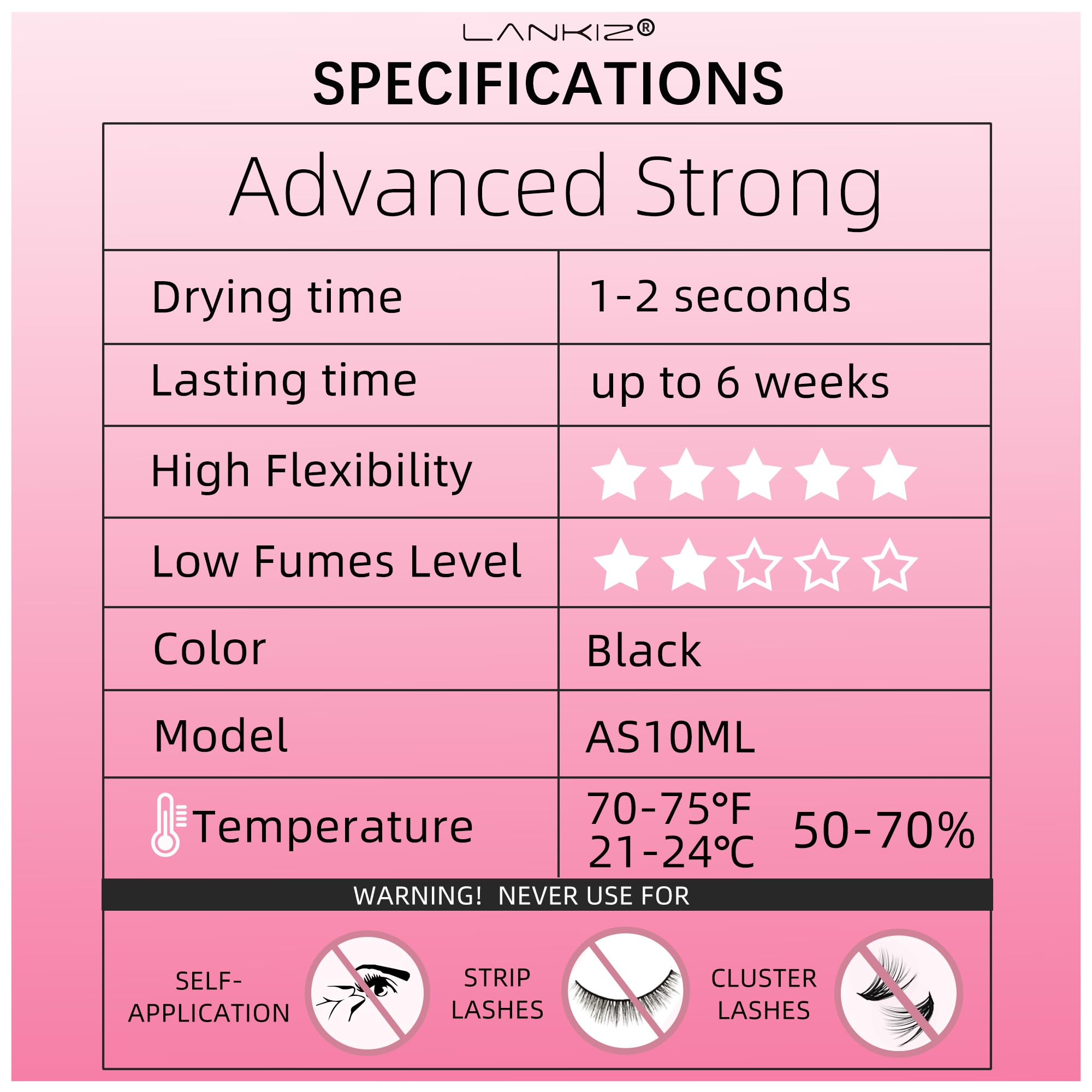 LANKIZ Strong Lash Extension Glue — 1 Sec Fast Dry, 6-8 Weeks Retention, 10ml, Low Fume