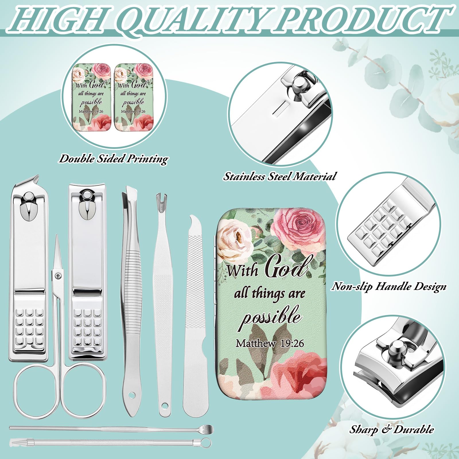 Lanties 10-Set Christian Nail Care Gift Kit for Women – Floral Bible Verse Manicure Tools